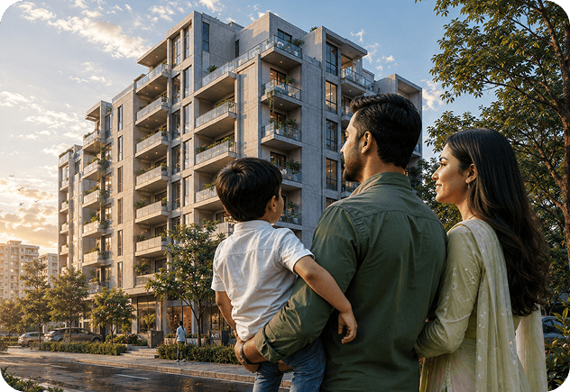 একটি পরিবার তাদের নতুন অংশ সম্পত্তি দেখছে